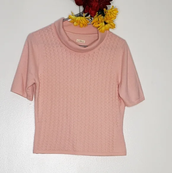 100%Pure Cashmere Light Pink Crop Top Sweater Turtleneck Textured Spring Luxury